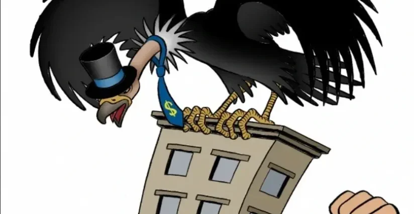 Buitre, referencia a los fondos buitres, acechando un bloque de viviendas. El plan estatal de vivienda no toma medidas contundentes